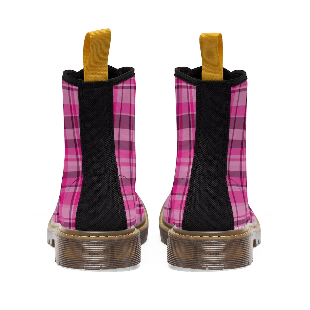 Pink Plaid Women's Canvas Boots, Best Plaid Print Winter Boots For Women (US Size 6.5-11)