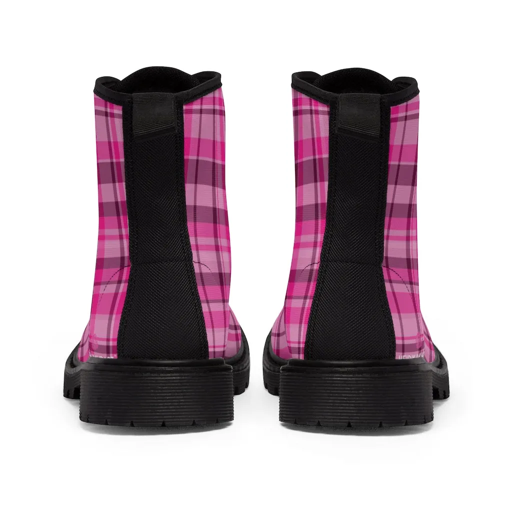 Pink Plaid Women's Canvas Boots, Best Plaid Print Winter Boots For Women (US Size 6.5-11)