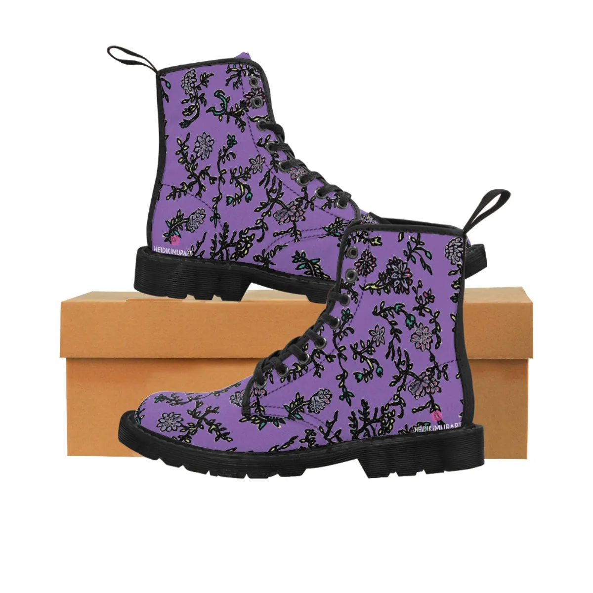 Purple Floral Women's Boots, Purple and Black Floral Women's Boots, Best Winter Boots For Women (US Size 6.5-11)