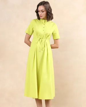 Rareism Women Rokl Green Cotton Blend Fabric Short Sleeve Mandarin Collar Button Closure Flared Fit Midi Plain Dress