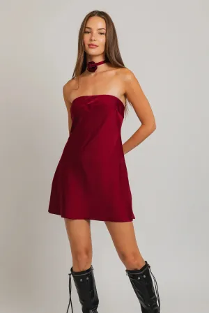 Rose Chocker Neckline Satin Sleeveless Mini Dress