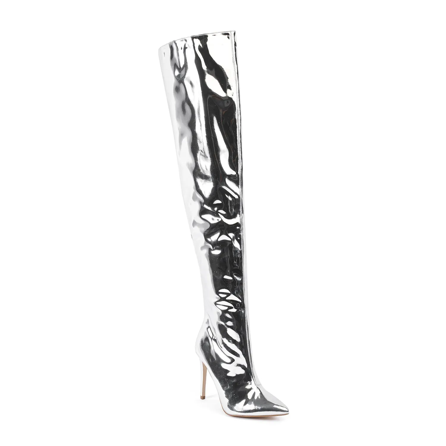 Silver Metallic Pointed Toe Stiletto Thigh High Boots