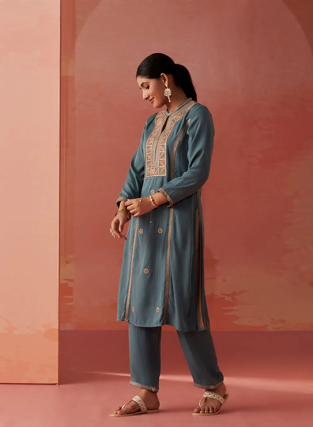 Simra Smokey Blue Embroidered Rayon Co-ord Set for Women