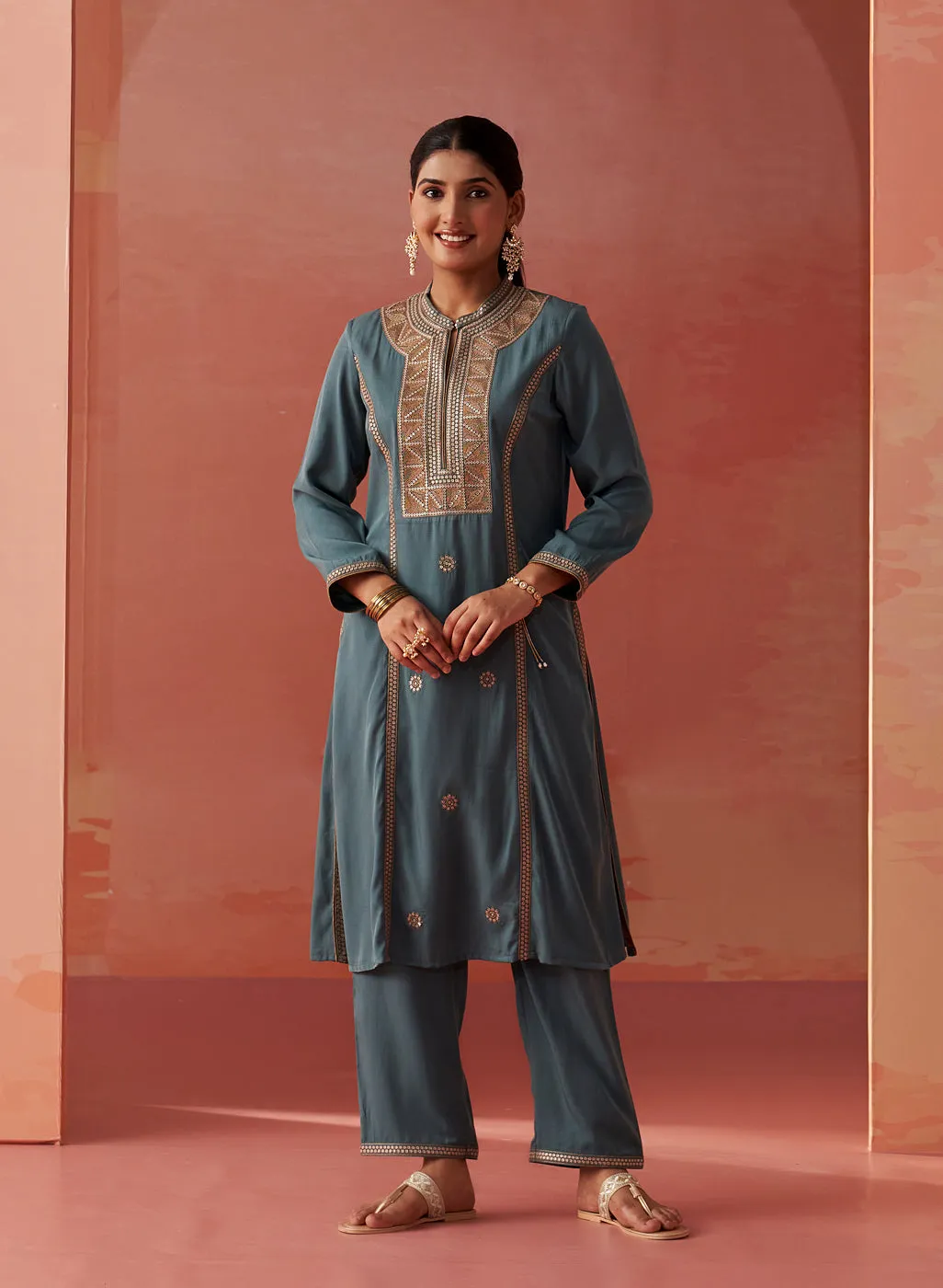 Simra Smokey Blue Embroidered Rayon Co-ord Set for Women