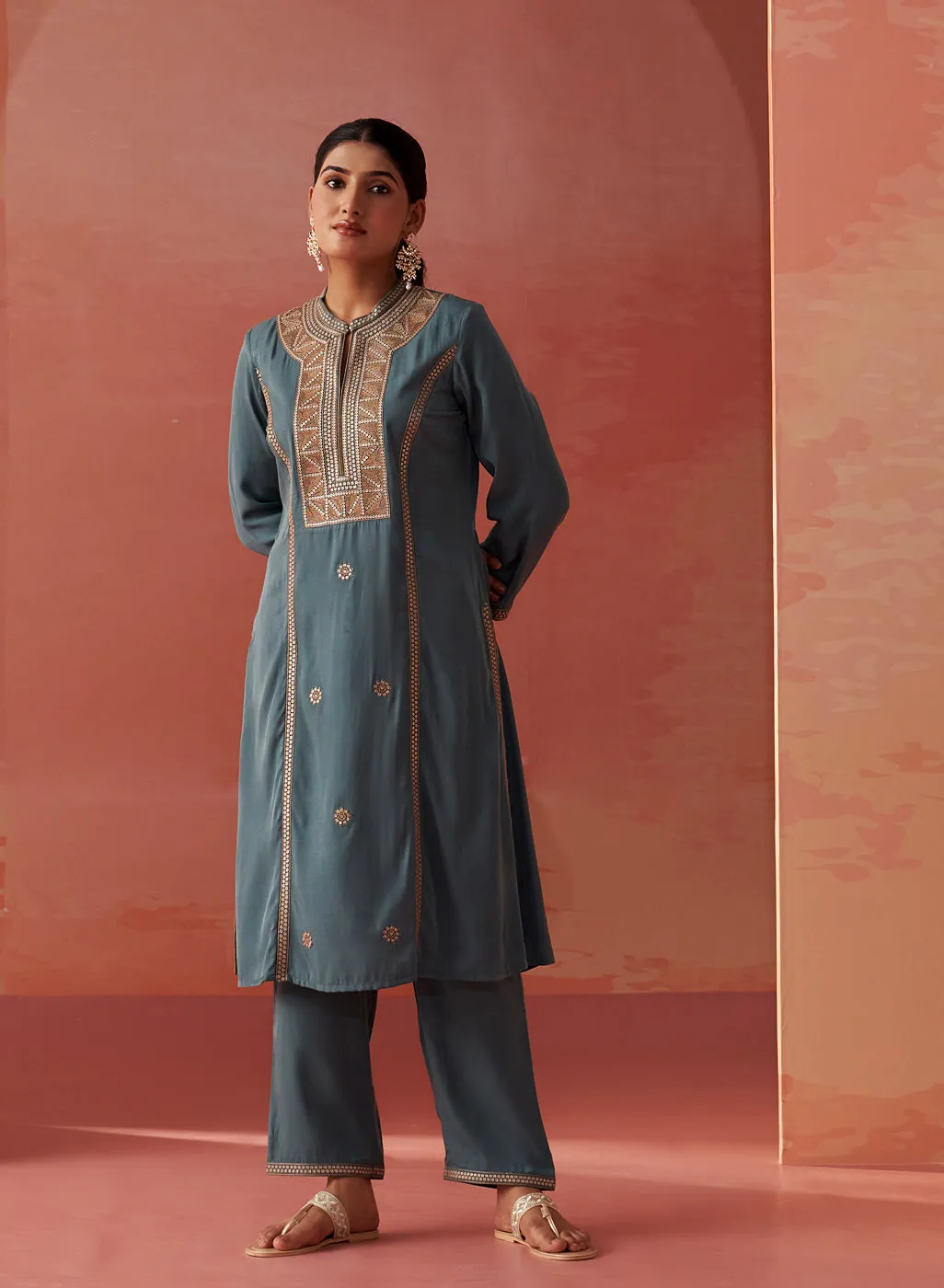 Simra Smokey Blue Embroidered Rayon Co-ord Set for Women