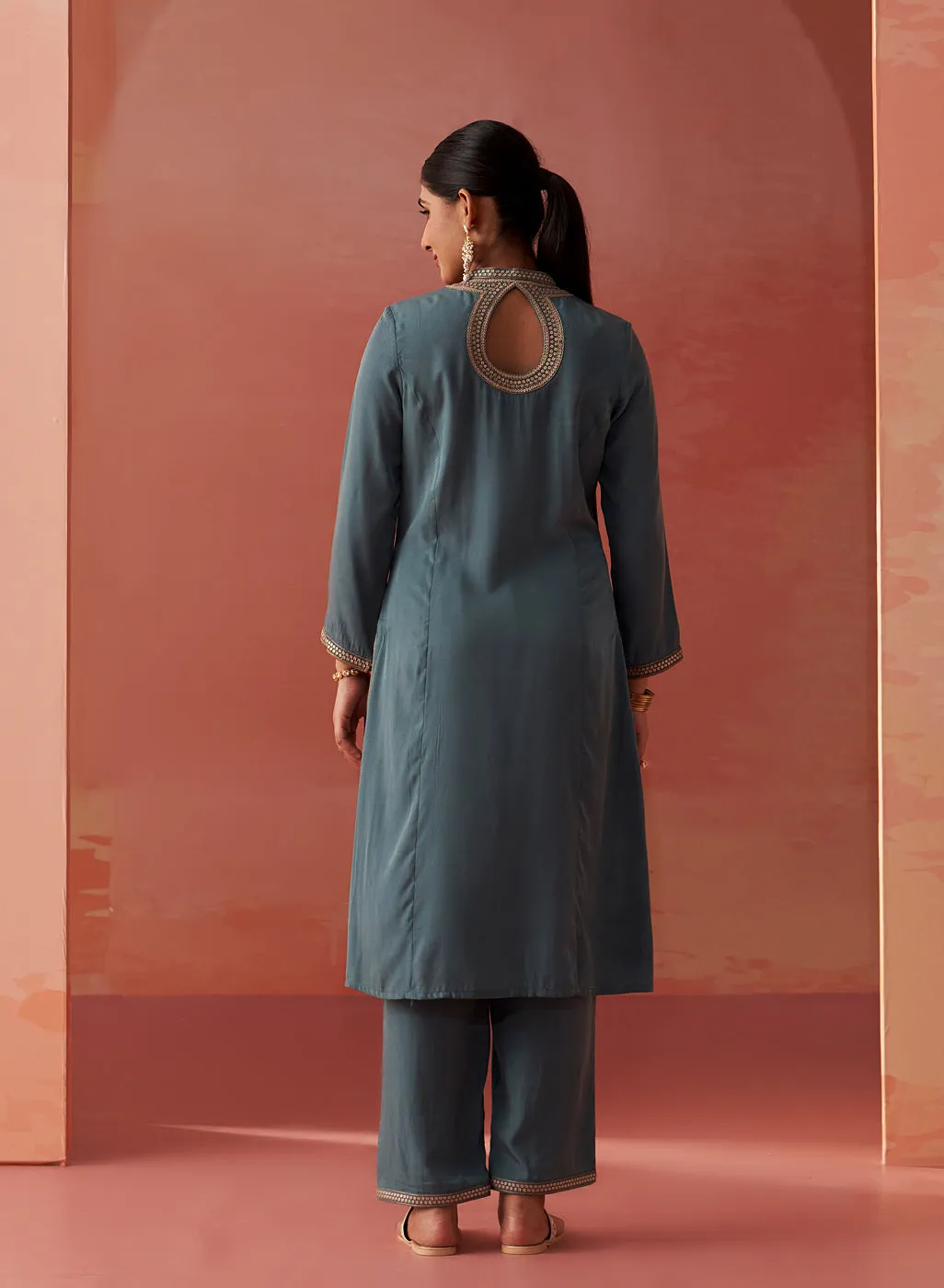 Simra Smokey Blue Embroidered Rayon Co-ord Set for Women