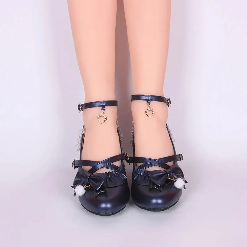 Sohiwoo cute lace ruffle bowknot kawaii shoes loli cosplay Sweet princess lolita shoes vintage round head cross strap women shoes