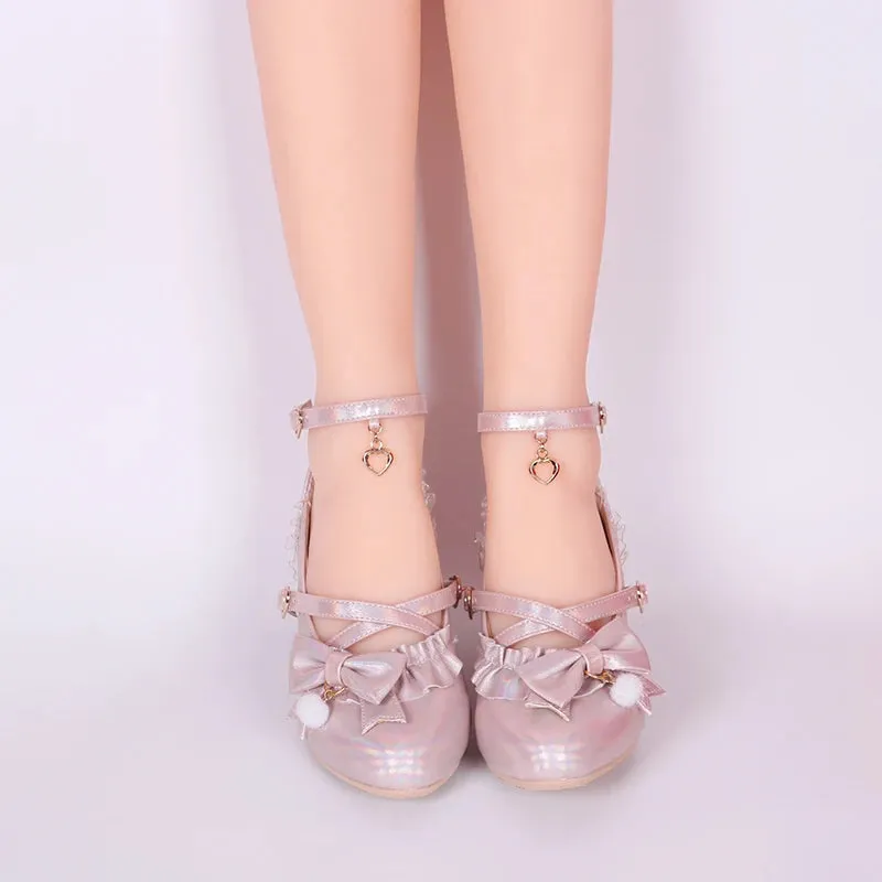 Sohiwoo cute lace ruffle bowknot kawaii shoes loli cosplay Sweet princess lolita shoes vintage round head cross strap women shoes