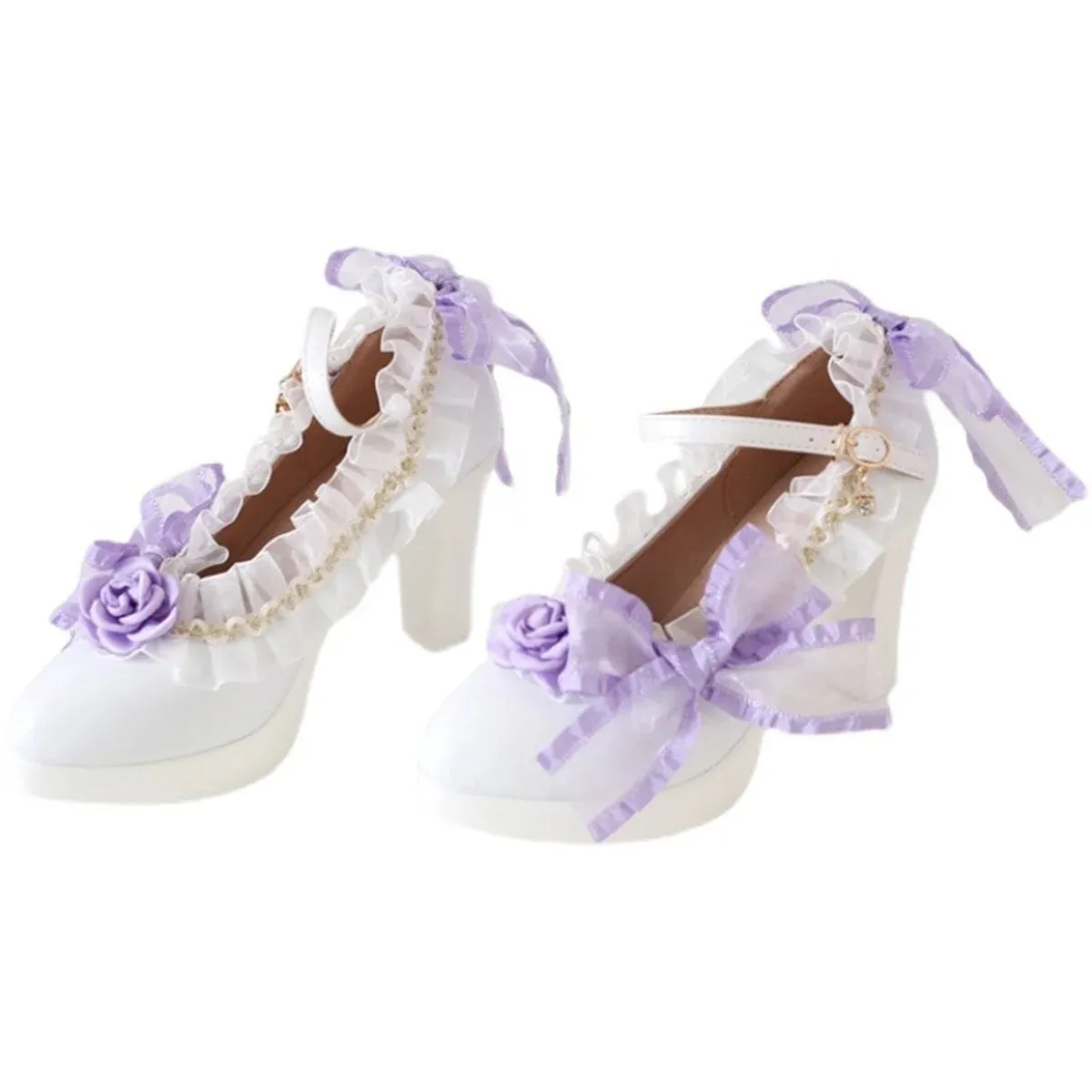 Sohiwoo French Vintage Girl Shoes Lolita Cosplay Elegant Tea Party Pointed Sandals Lace Ruffle Bowknot Pearls 8cm High Heel Shoes