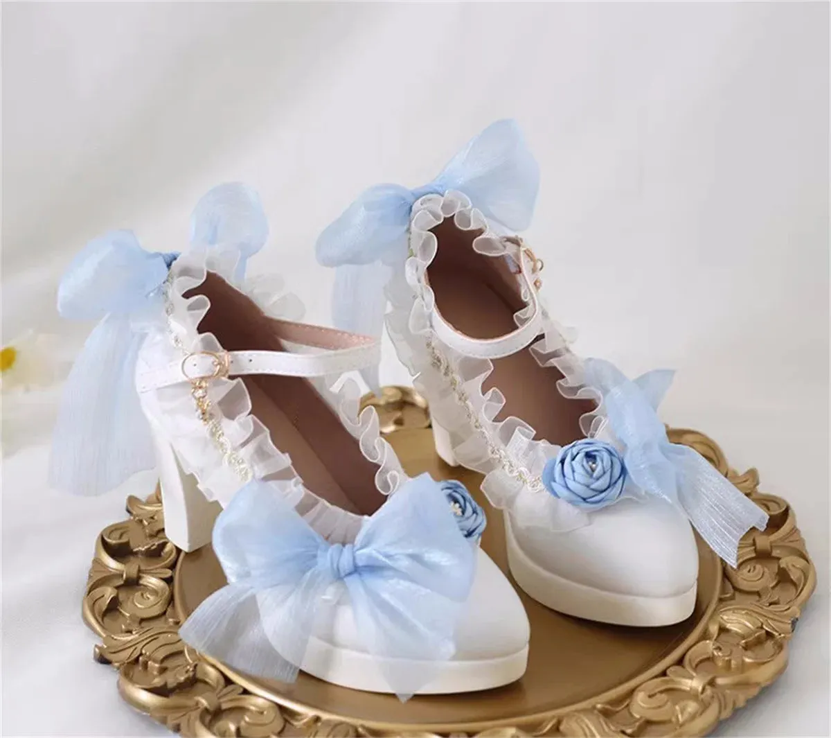 Sohiwoo French Vintage Girl Shoes Lolita Cosplay Elegant Tea Party Pointed Sandals Lace Ruffle Bowknot Pearls 8cm High Heel Shoes