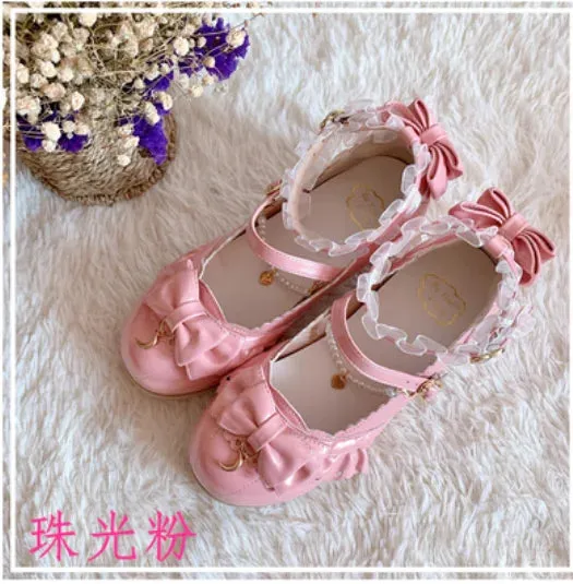 Sohiwoo Japanese sweet lolita shoes vintage round head thick heel women shoes cute lace bowknot princess kawaii shoes loli cosplay