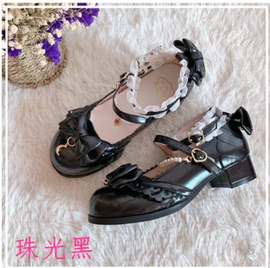 Sohiwoo Japanese sweet lolita shoes vintage round head thick heel women shoes cute lace bowknot princess kawaii shoes loli cosplay