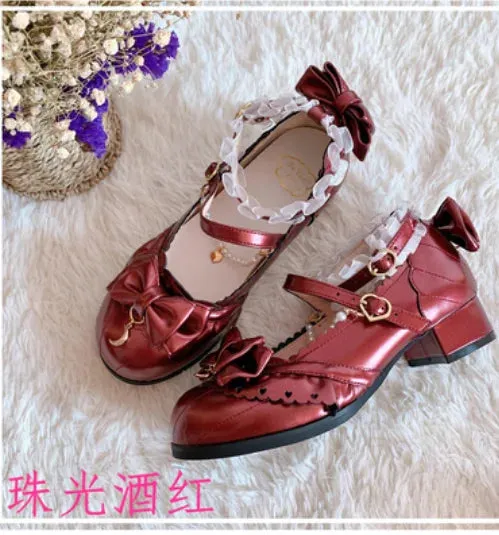 Sohiwoo Japanese sweet lolita shoes vintage round head thick heel women shoes cute lace bowknot princess kawaii shoes loli cosplay