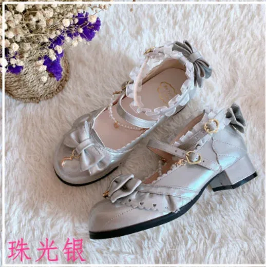 Sohiwoo Japanese sweet lolita shoes vintage round head thick heel women shoes cute lace bowknot princess kawaii shoes loli cosplay