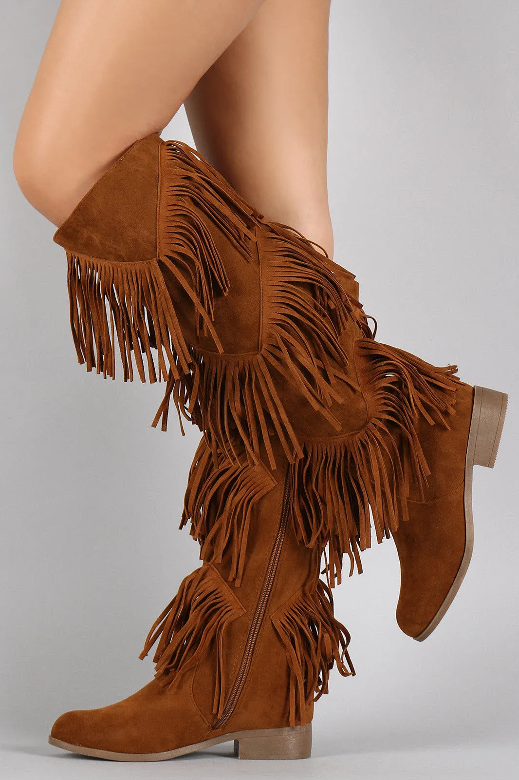 Suede Layered Fringe Round Toe Knee High Boots