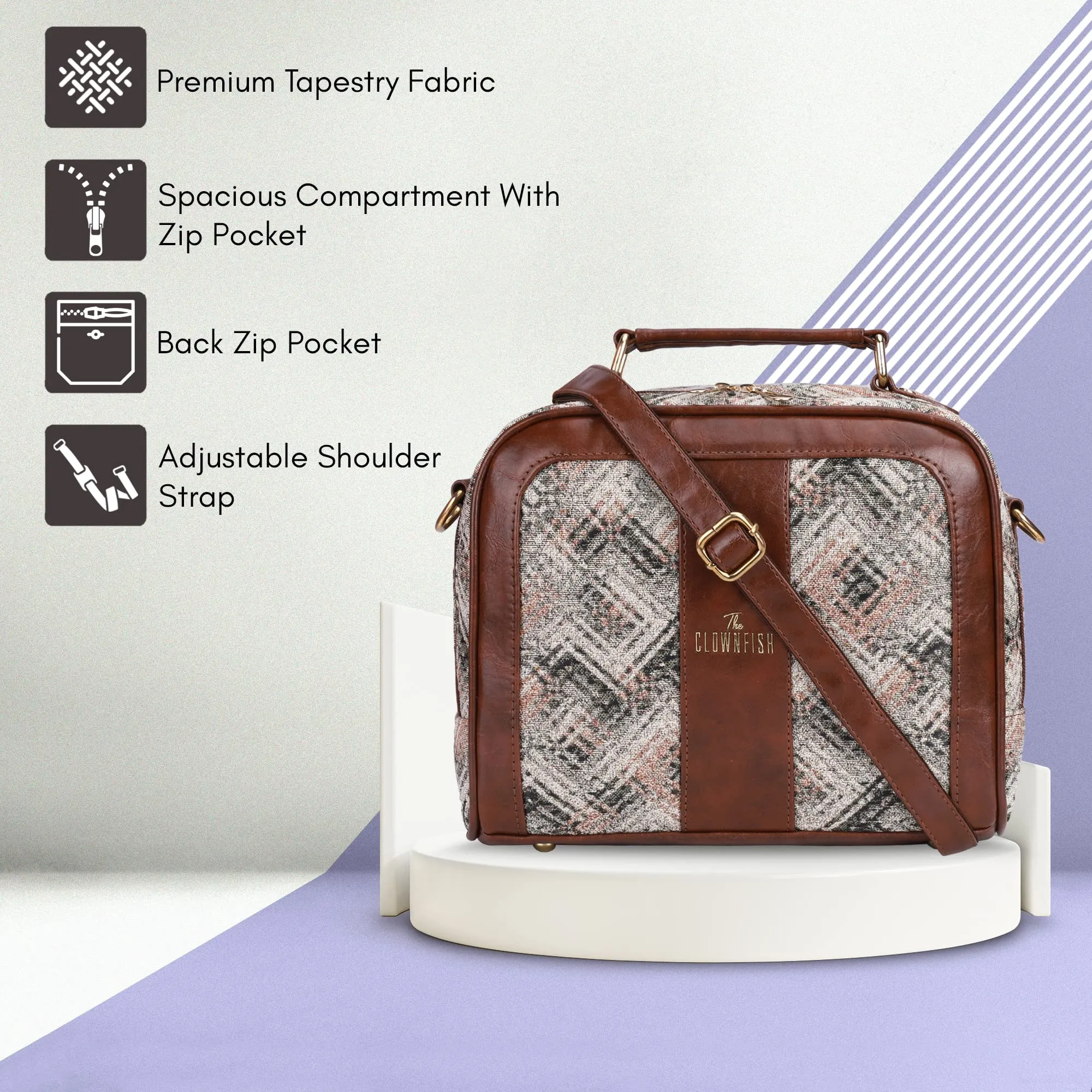 THE CLOWNFISH Elsie Series Tapestry Crossbody Sling Bag for Women Ladies Handbag Single Shoulder Bag with Shoulder Belt (White-Checks)