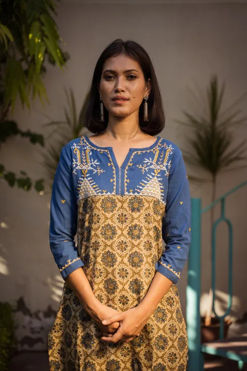 Urmul'Mayurika Ajrakh Hand embroidered Handloom Cotton Kurti.(2pc- kurta and pant set )