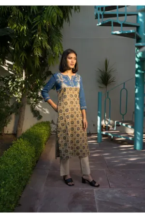 Urmul'Mayurika Ajrakh Hand embroidered Handloom Cotton Kurti.(2pc- kurta and pant set )