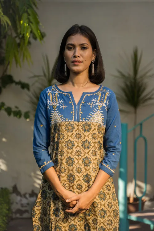 Urmul'Mayurika Ajrakh Hand embroidered Handloom Cotton Kurti.(2pc- kurta and pant set )