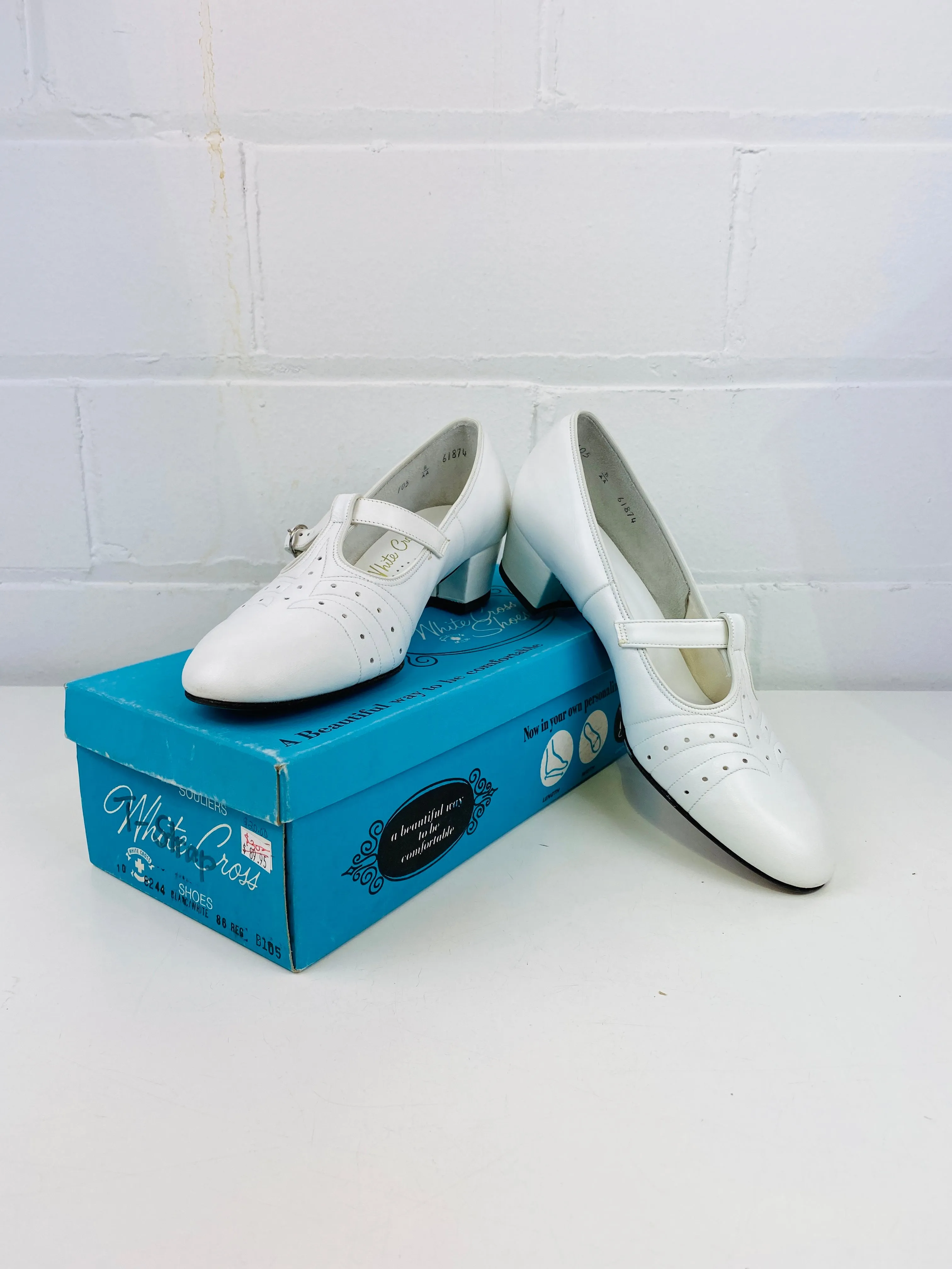 Vintage Deadstock Shoes, Women's 1980s White Leather Cuban Heel T-Strap Pumps, NOS, 8244