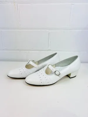 Vintage Deadstock Shoes, Women's 1980s White Leather Cuban Heel T-Strap Pumps, NOS, 8244