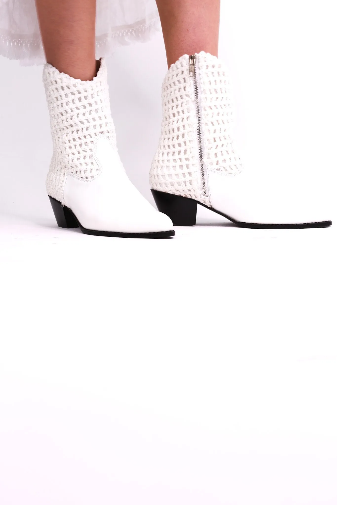 WHITE HAND CROCHET LEATHER ANKLE BOOTS NENNA