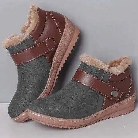 Women casual button strap color block ankle snow boots