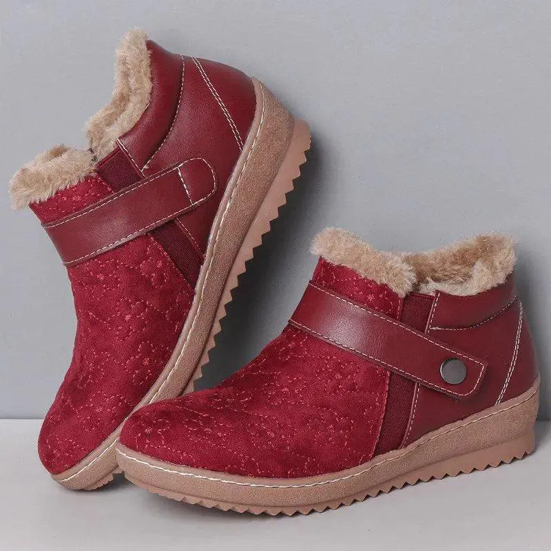 Women casual button strap color block ankle snow boots