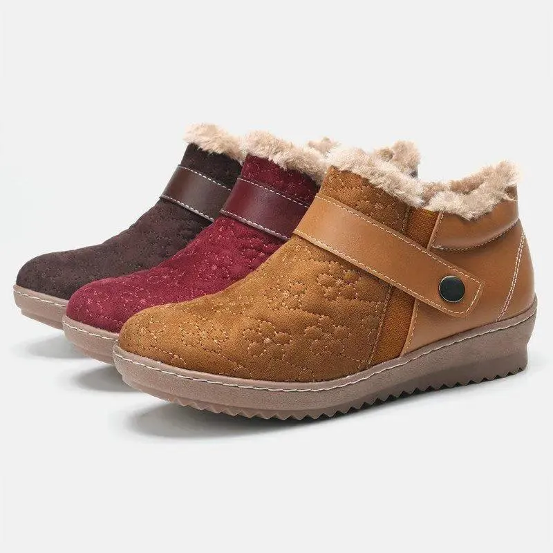 Women casual button strap color block ankle snow boots