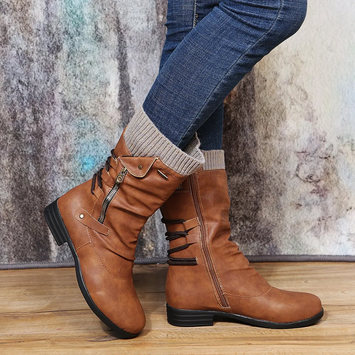 Women low heel slouch back strappy side zipper mid calf boots