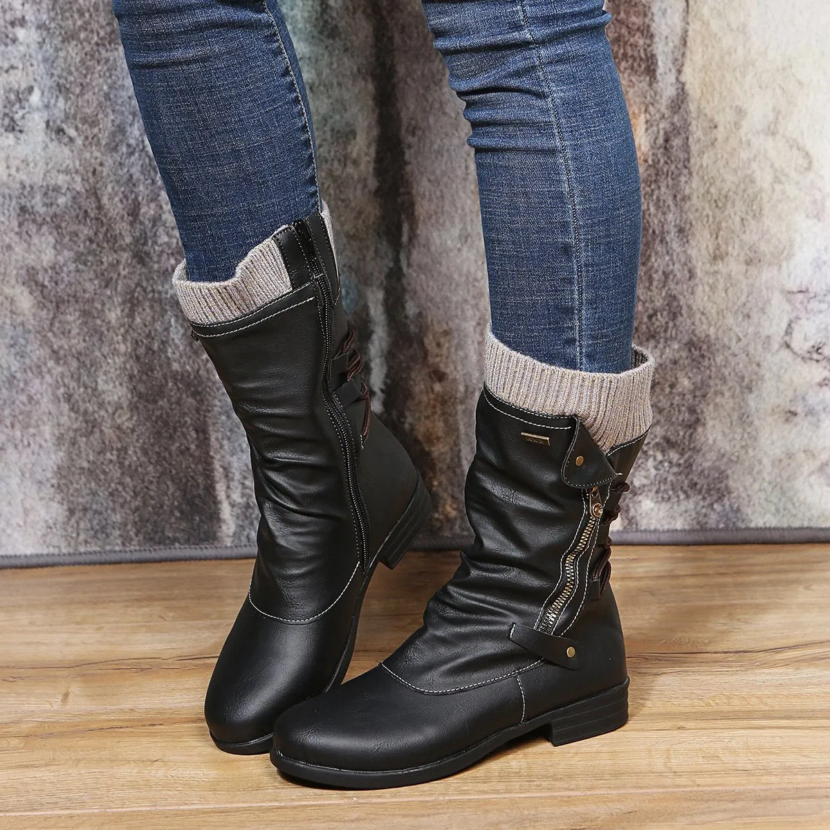 Women low heel slouch back strappy side zipper mid calf boots