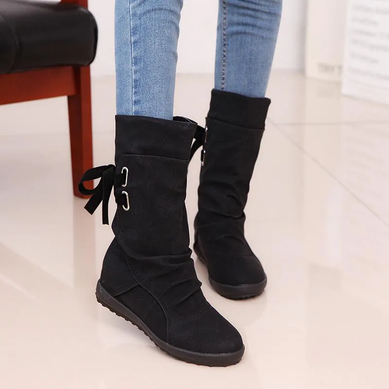 Women mid calf back lace up pleated flat boots