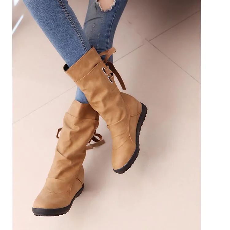 Women mid calf back lace up pleated flat boots