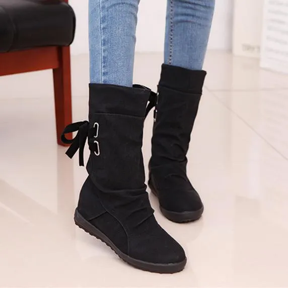 Women mid calf back lace up pleated flat boots