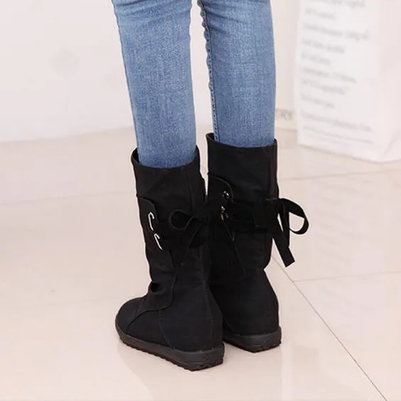 Women mid calf back lace up pleated flat boots