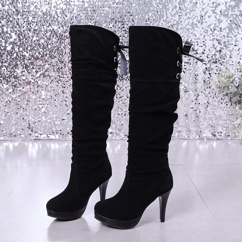 Women stiletto high heel platform back lace up knee high boots