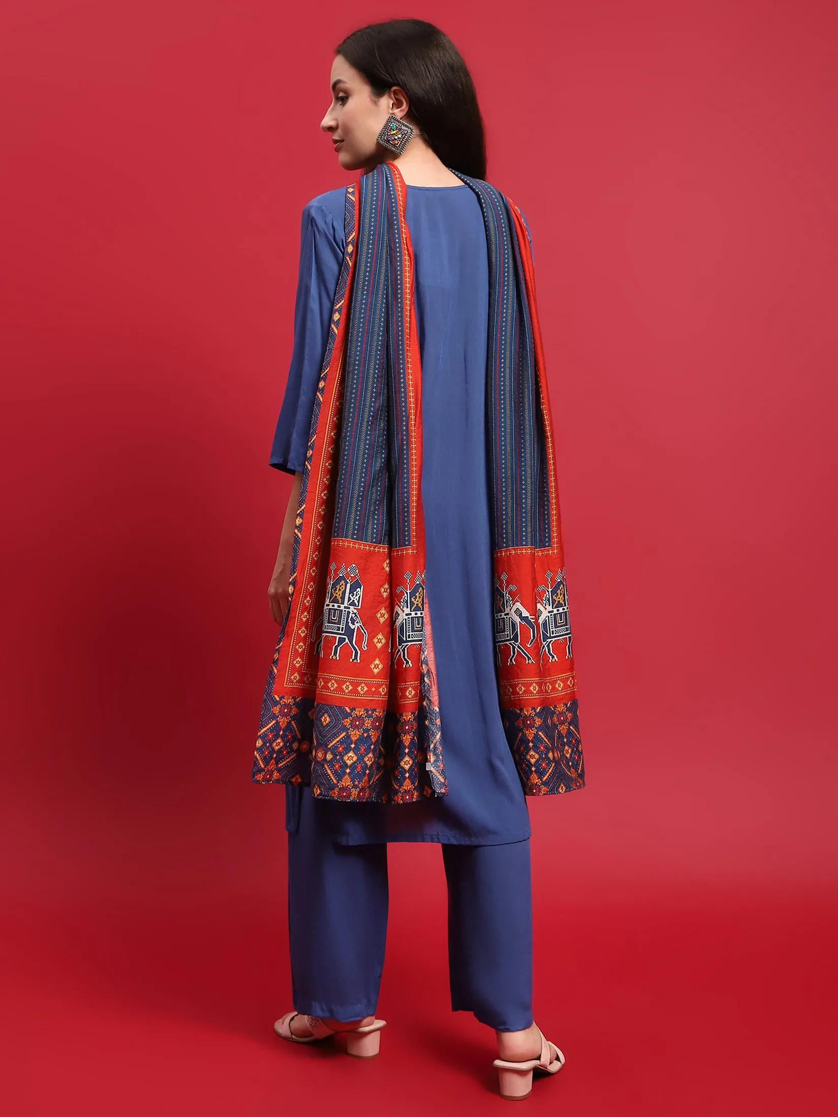 Women Viscose Blue Solid Kurta Comfort Pant Dupatta