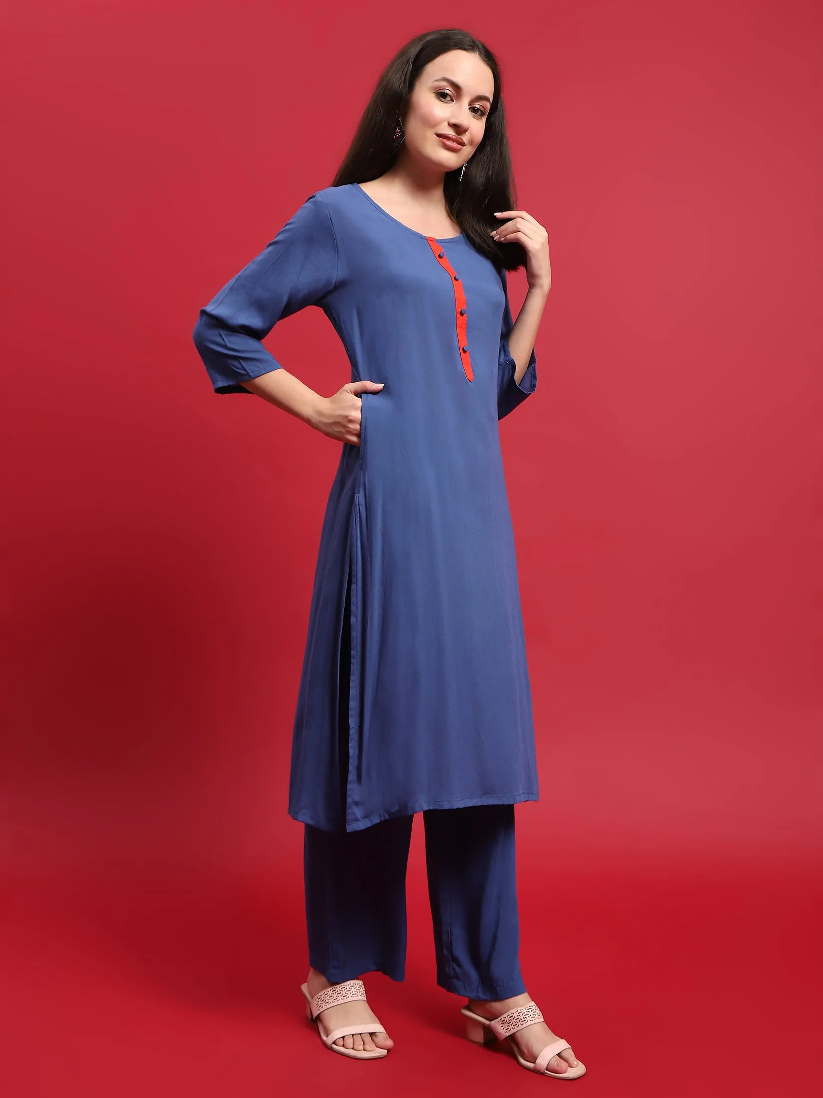 Women Viscose Blue Solid Kurta Comfort Pant Dupatta