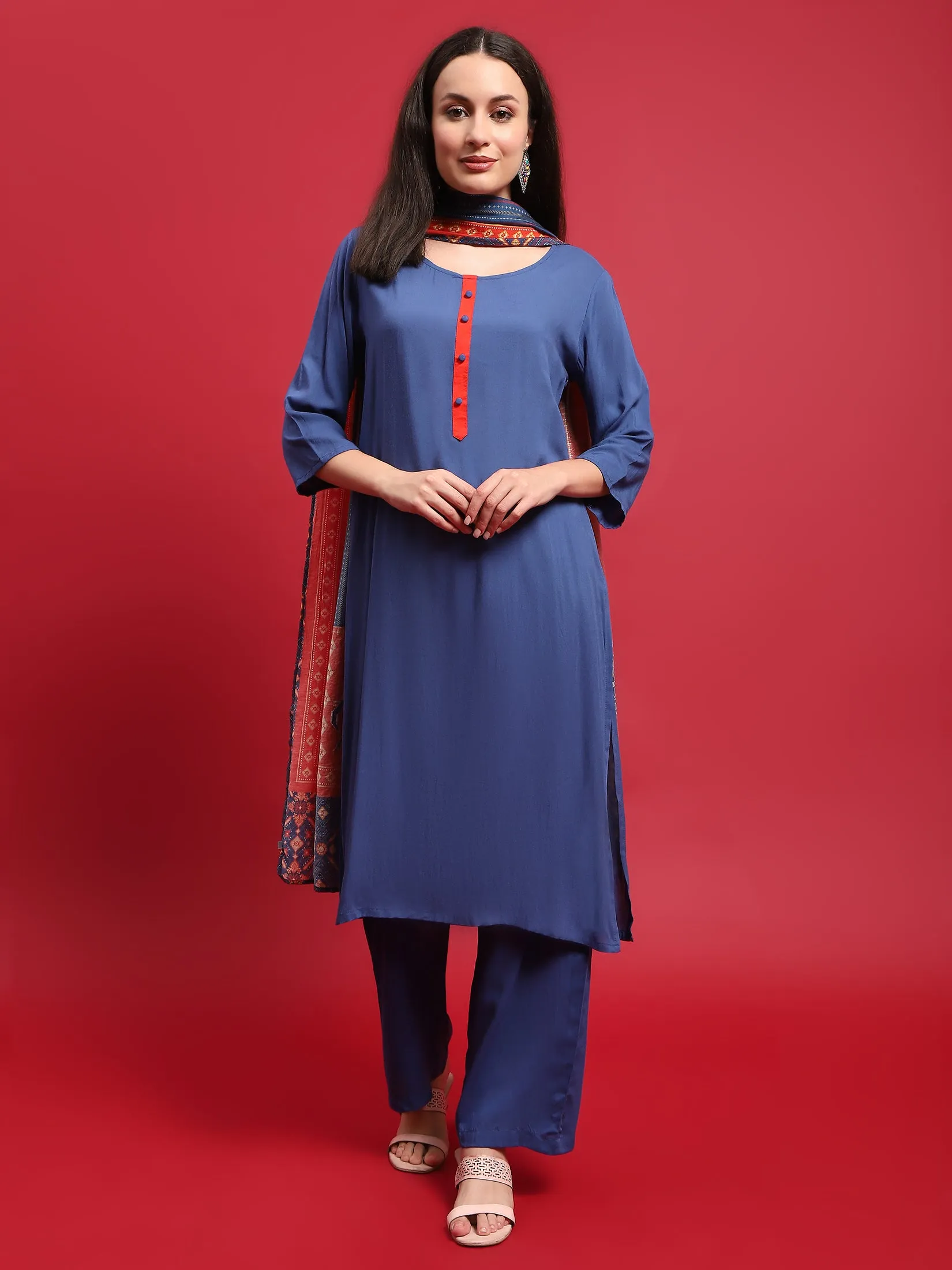 Women Viscose Blue Solid Kurta Comfort Pant Dupatta