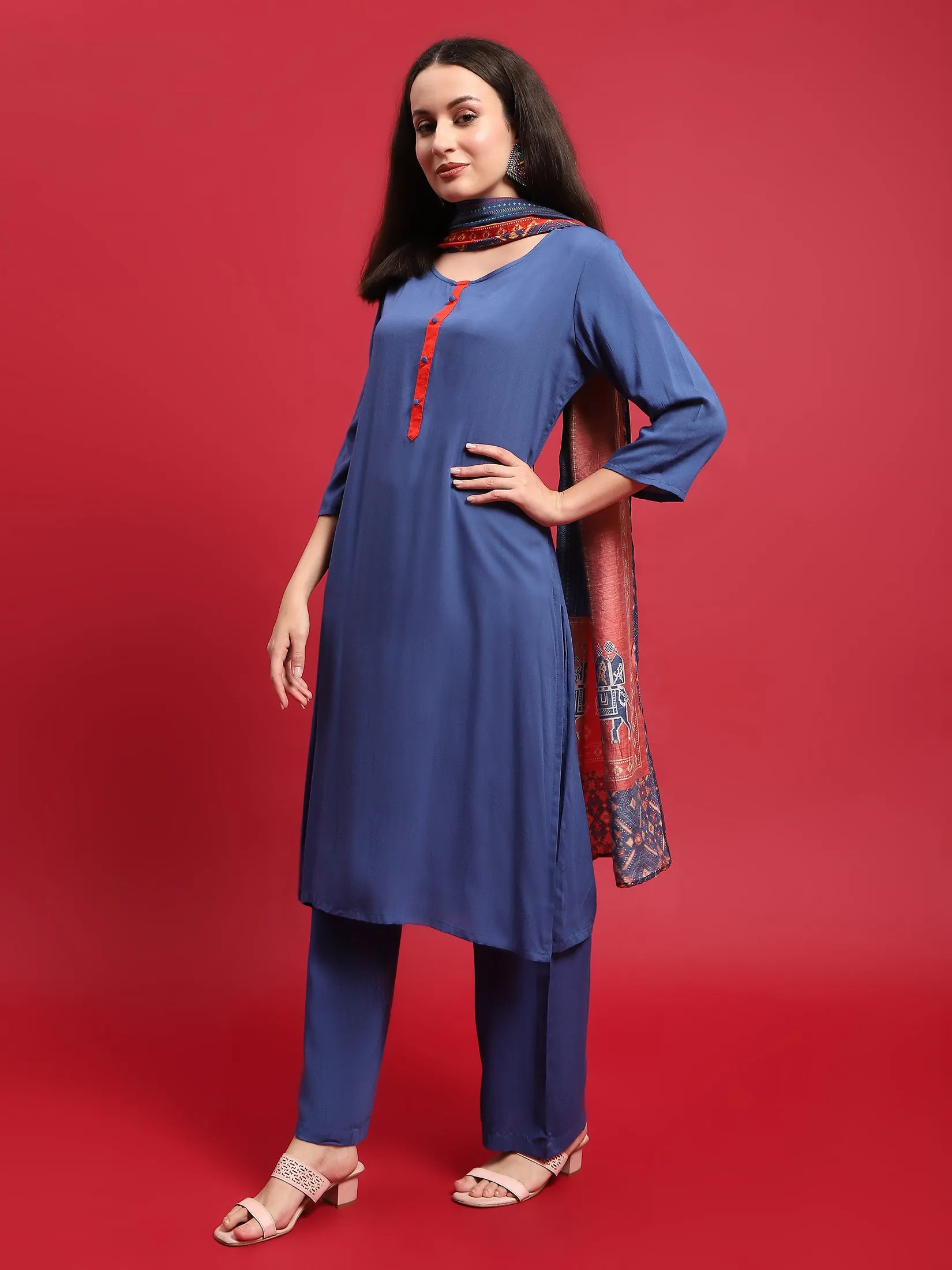 Women Viscose Blue Solid Kurta Comfort Pant Dupatta