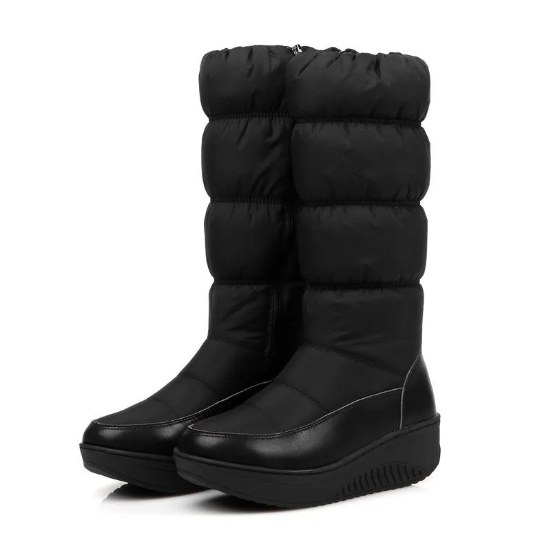 Women winter platform wedge side zipper mid calf snow boots