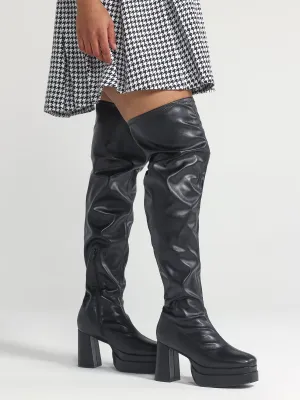 Zaila Faux Leather Thigh-High Platform Wide Calf Boots